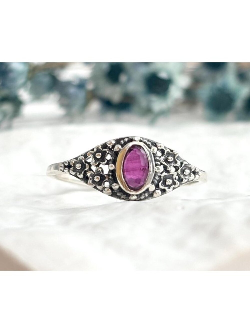 Natural Pink Tourmaline Mini Floral Sterling Silver 925 Vintage Ring - sz 8